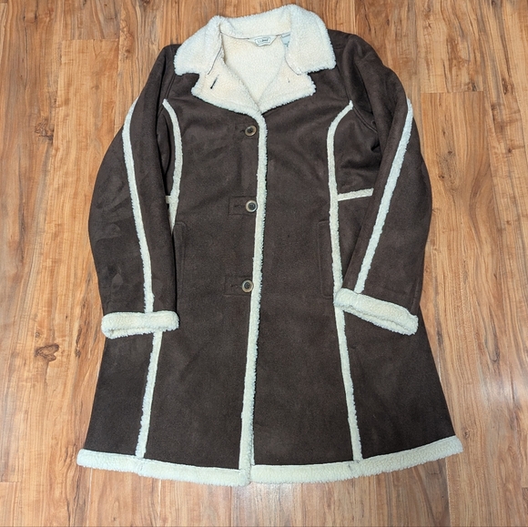 L.L. Bean Jackets & Blazers - L.L. Bean Faux Suede Sherpa Lined Long Jacket Brown White Trench Coat Size Large